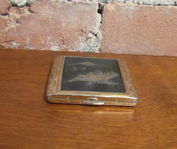 24K Gold Etched Asian Vintage Powder Compact Mt Fuji