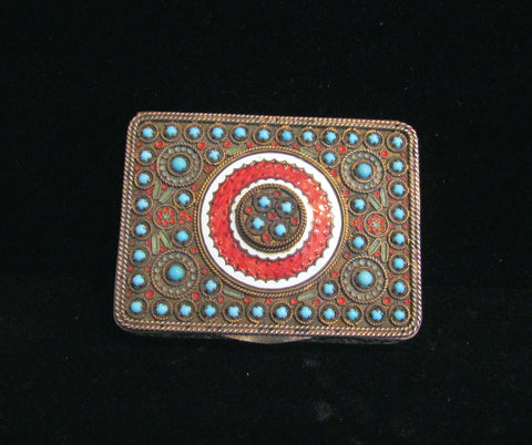 Circa 1890 French Gold Ormolu Compact Red Guilloche Enamel Turquoise Stones