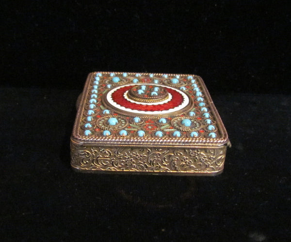 Circa 1890 French Gold Ormolu Compact Red Guilloche Enamel Turquoise Stones