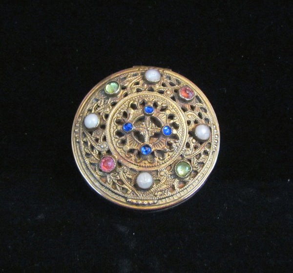 Jewel Filigree Compact E & J Bass NY Antique Jeweled Powder Mirror Compact