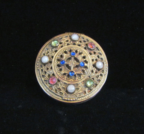 Jewel Filigree Compact E & J Bass NY Antique Jeweled Powder Mirror Compact