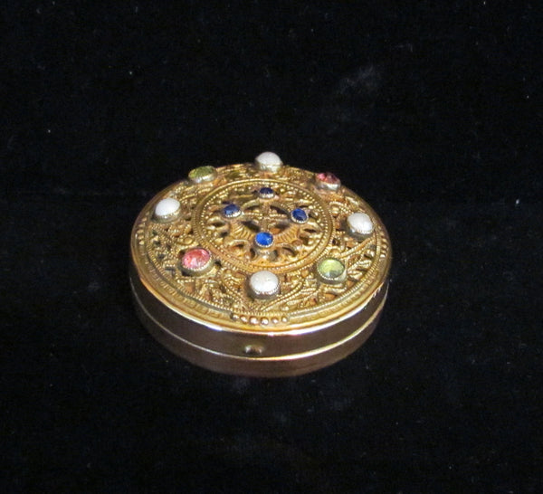 Jewel Filigree Compact E & J Bass NY Antique Jeweled Powder Mirror Compact