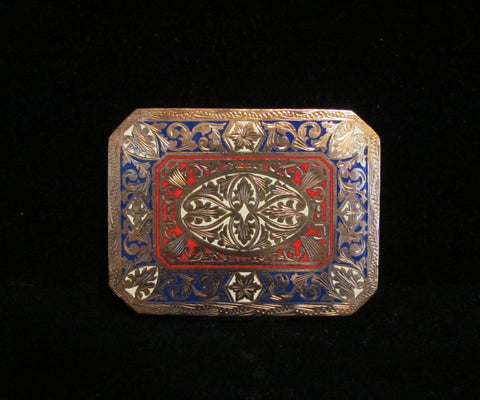 Antique Compact Italian Champleve Enamel Gold Gilt Powder Box