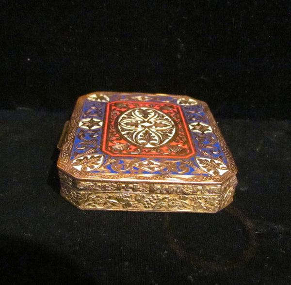 Antique Compact Italian Champleve Enamel Gold Gilt Powder Box