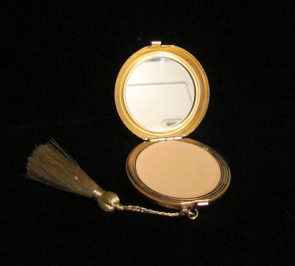 Revlon Love Pat Clock Compact 1970's Gold & Green Enamel Powder Mirror Compact