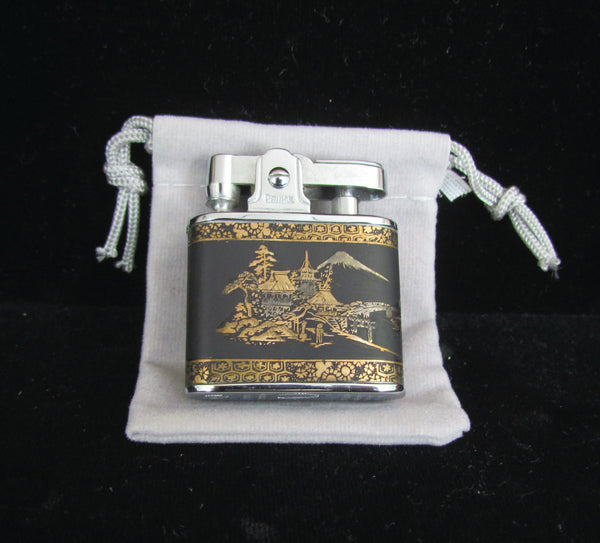 Prince Asian Lighter 24Kt Gold Mt Fugi Overlay Working Vintage Lighter