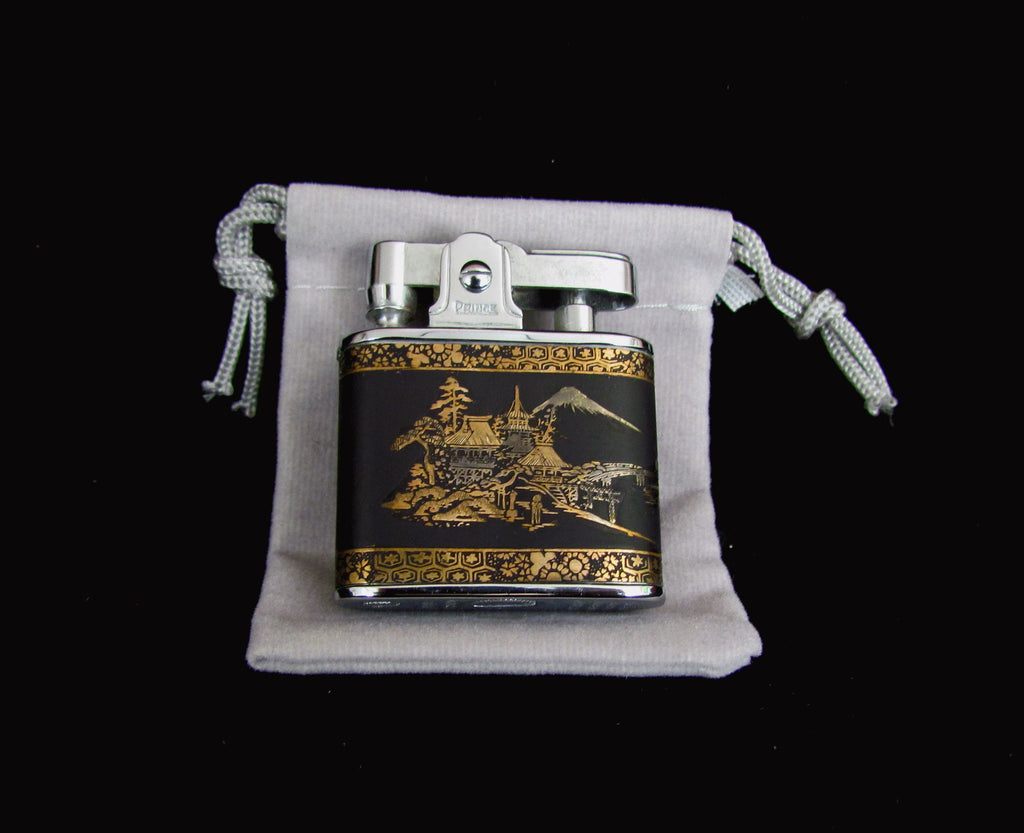 Prince Asian Lighter 24Kt Gold Mt Fugi Overlay Working Vintage Lighter