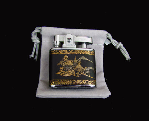 Prince Asian Lighter 24Kt Gold Mt Fugi Overlay Working Vintage Lighter