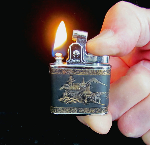 Prince Asian Lighter 24Kt Gold Mt Fugi Overlay Working Vintage Lighter