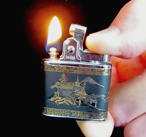 Prince Asian Lighter 24Kt Gold Mt Fugi Overlay Working Vintage Lighter