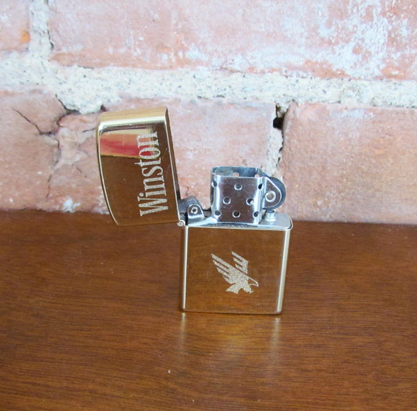 Winston Pocket Lighter 1990s Eagle Flip Top Windproof Gold Lighter Working