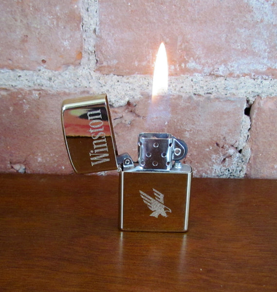 Winston Pocket Lighter 1990s Eagle Flip Top Windproof Gold Lighter Working