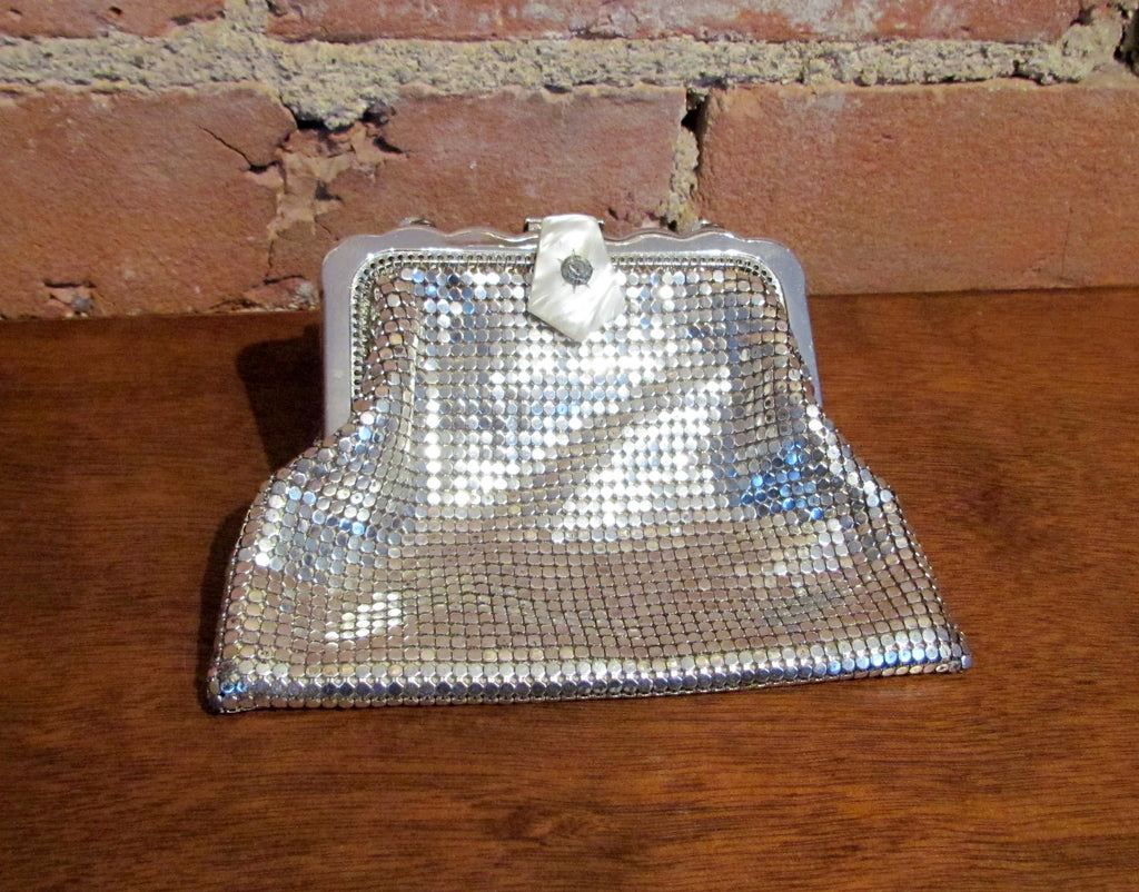 Whiting Davis Rhinestone Silver Mesh Purse Art Deco Handbag Wedding Bridal Bag