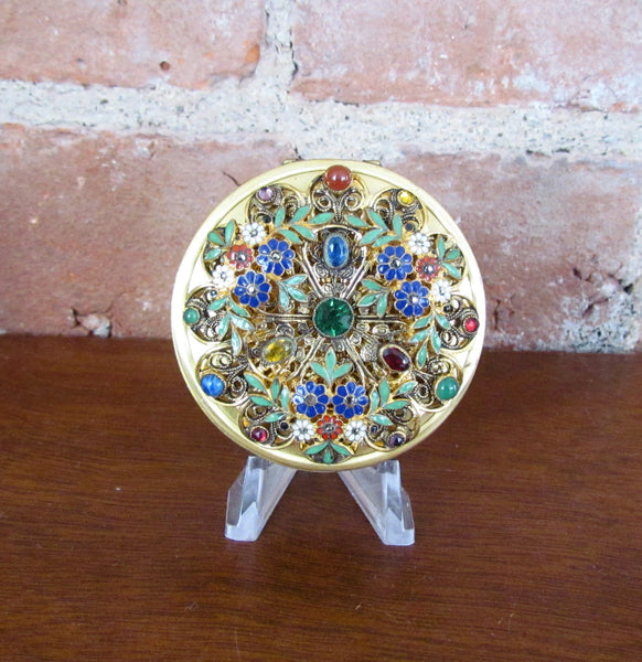 Victorian Gold Jeweled Enamel Compact Antique Floral Design