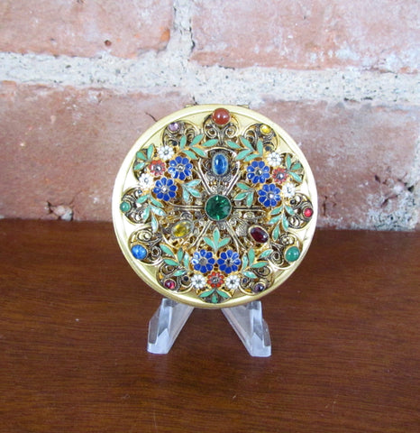 Victorian Gold Jeweled Enamel Compact Antique Floral Design