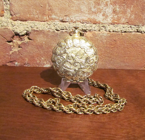 Watch Compact Necklace Max Factor Bird Pocket Watch Powder Compact Pendant Necklace