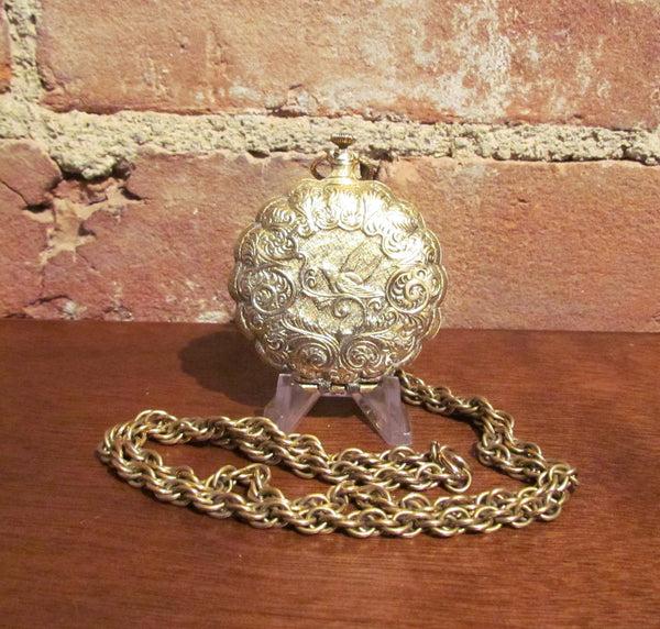 Watch Compact Necklace Max Factor Bird Pocket Watch Powder Compact Pendant Necklace