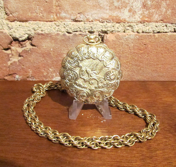 Watch Compact Necklace Max Factor Bird Pocket Watch Powder Compact Pendant Necklace