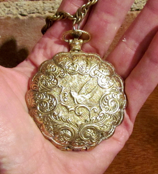 Watch Compact Necklace Max Factor Bird Pocket Watch Powder Compact Pendant Necklace