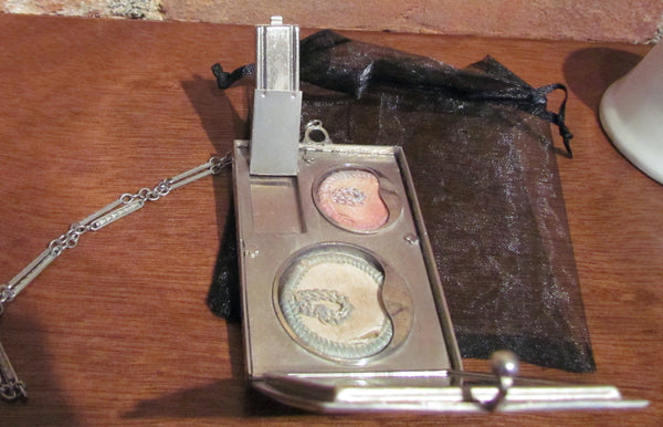 Vintage Silver Compact Purse 1910's Compact Wristlet Purse Mirror Powder Rouge & Lipstick