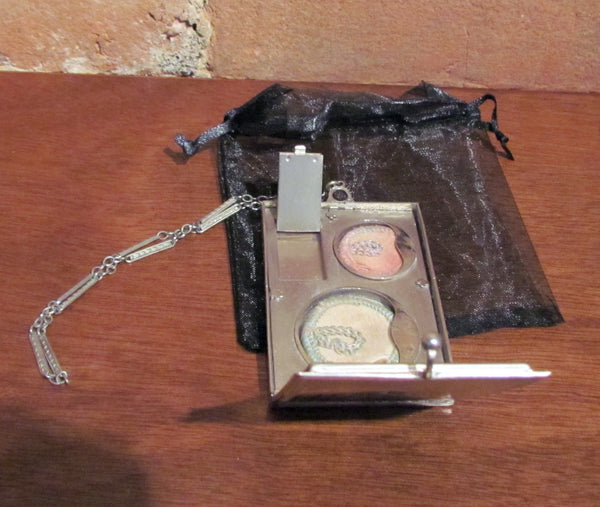 Vintage Silver Compact Purse 1910's Compact Wristlet Purse Mirror Powder Rouge & Lipstick