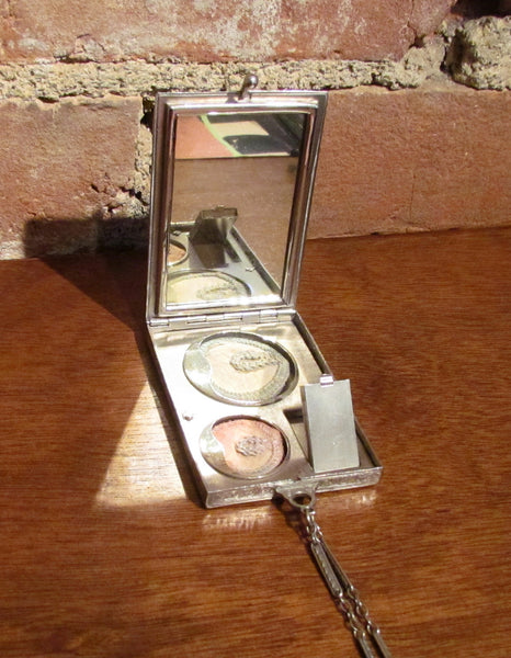Vintage Silver Compact Purse 1910's Compact Wristlet Purse Mirror Powder Rouge & Lipstick