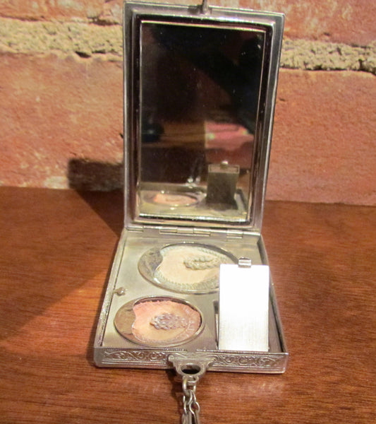 Vintage Silver Compact Purse 1910's Compact Wristlet Purse Mirror Powder Rouge & Lipstick