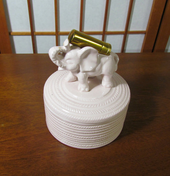 Pink Elephant Powder Box Ceramic Powder Jar With Powder Puff & Brush 1930s
