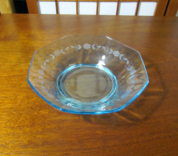 Blue Depression Glass Bowl Candy Dish Berry Dish Floral Etched Pattern