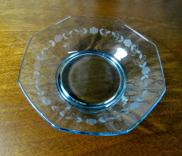 Blue Depression Glass Bowl Candy Dish Berry Dish Floral Etched Pattern