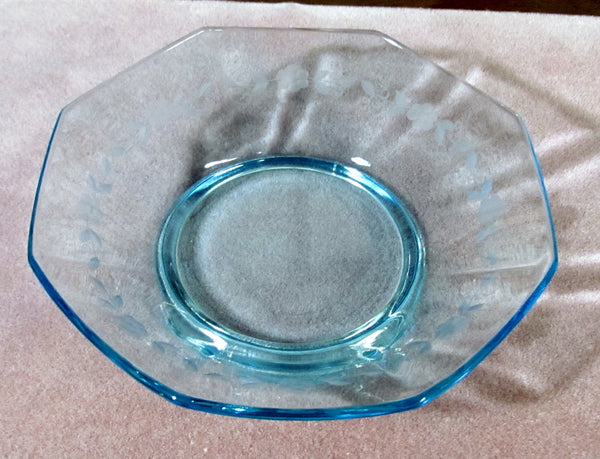 Blue Depression Glass Bowl Candy Dish Berry Dish Floral Etched Pattern