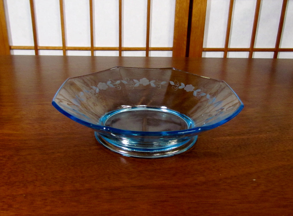 Blue Depression Glass Bowl Candy Dish Berry Dish Floral Etched Pattern