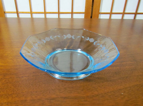 Blue Depression Glass Bowl Candy Dish Berry Dish Floral Etched Pattern
