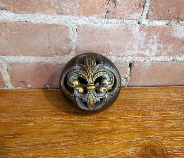 Fleur De Lis Decorative Ball, Orb, Sphere Bronze Color w/Gold Accents