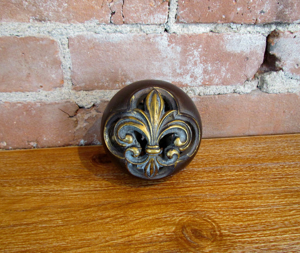 Fleur De Lis Decorative Ball, Orb, Sphere Bronze Color w/Gold Accents