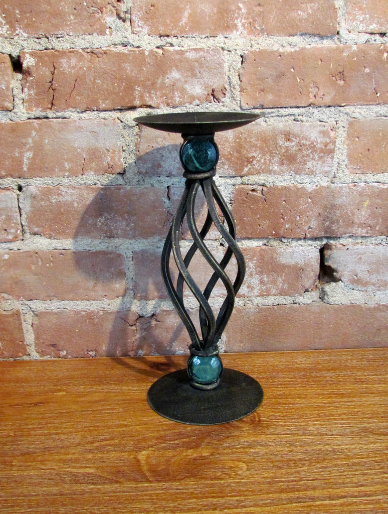 Iron Green Glass Pillar Candleholder