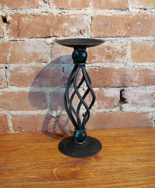 Iron Green Glass Pillar Candleholder