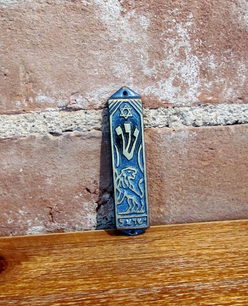 Vintage Cast Iron Enamel Mezuzah Israel Hebrew Judaic Prayer Housewarming Gift