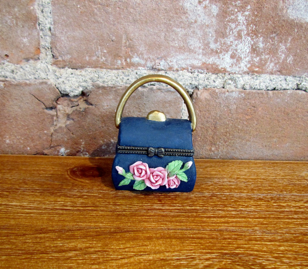 Vintage Mini Purse Trinket Box Blue Ceramic w/Roses