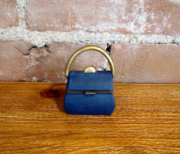 Vintage Mini Purse Trinket Box Blue Ceramic w/Roses