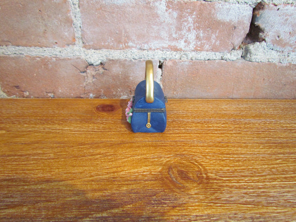 Vintage Mini Purse Trinket Box Blue Ceramic w/Roses