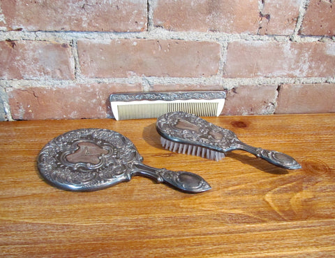 Silver Plated Vanity Set Vintage Dresser Brush Mirror & Comb