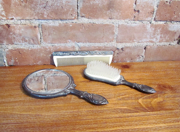 Silver Plated Vanity Set Vintage Dresser Brush Mirror & Comb