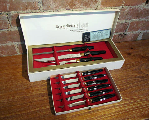 Vintage Regent Sheffield Cutlery Set Mid Century Steak Knifes Boxed Complete