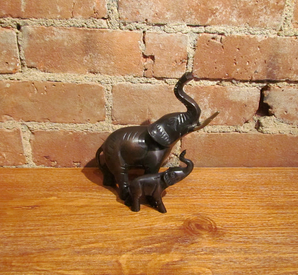 Vintage Bronze Elephant Sculpture Mother & Baby Figurine