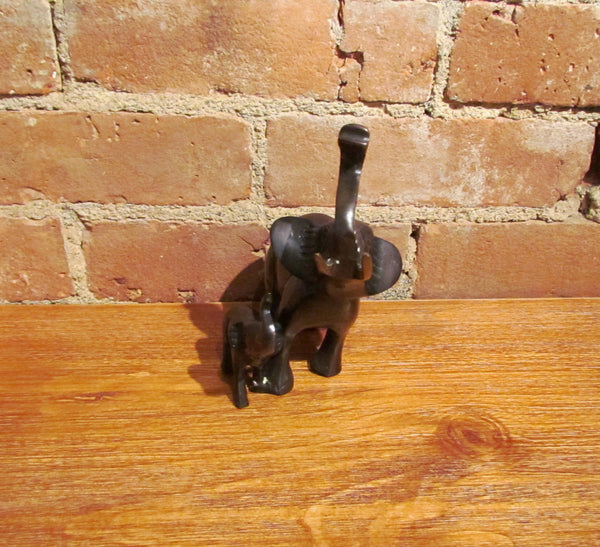 Vintage Bronze Elephant Sculpture Mother & Baby Figurine