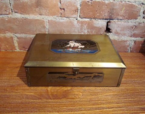 Vintage Etch Art Chest Mens Ship Trinket Box Jewelry Box