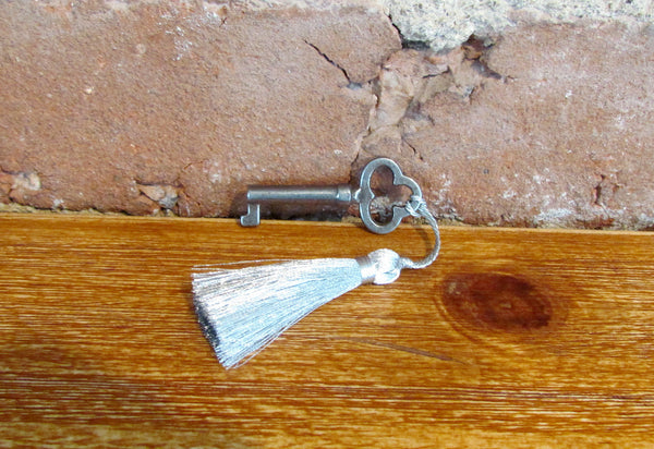 Antique Skeleton Cabinet Door Key & Silver Tassel