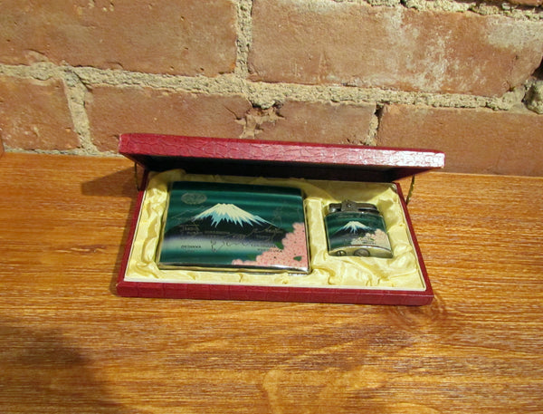 1940s Mt Fuji Enamel Lighter & Cigarette Case Set Boxed