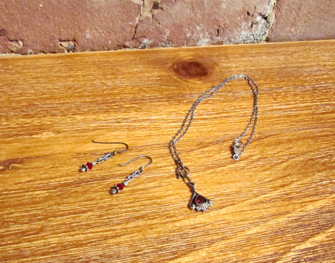Sterling Silver Garnet Pendant Necklace Earring Set